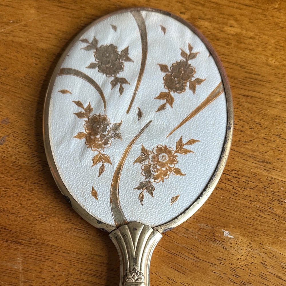 Elegant Vintage Floral Hand Mirror with Gold Accents